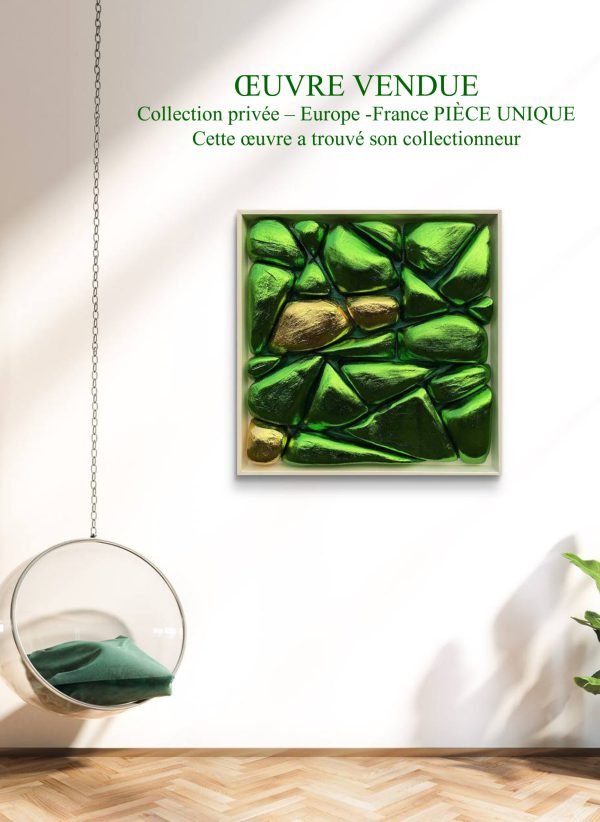 relief 3D. Art abstrait émeraude signé Maria Ruisi.