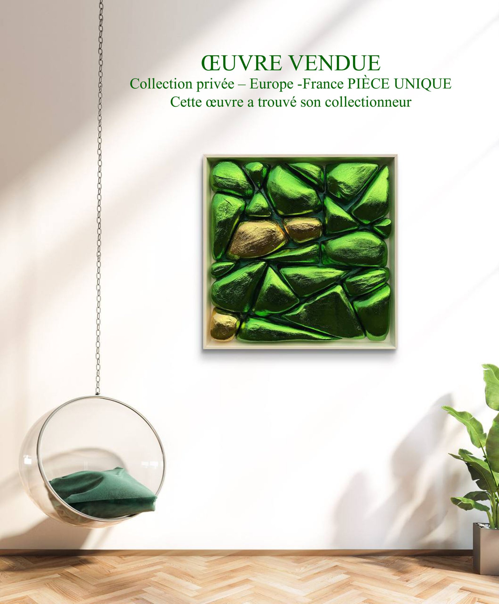 relief 3D. Art abstrait émeraude signé Maria Ruisi.